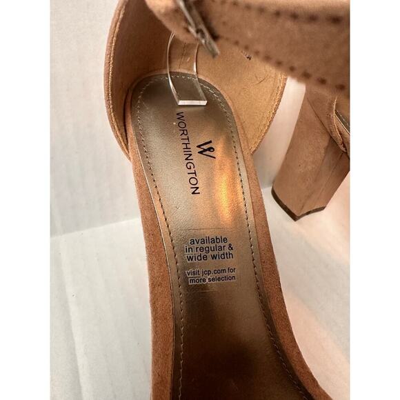 Size 11 Suede Brown Tan Nude Block Heel Slingback Cocktail Sandal Closet Staple - Picture 6 of 9